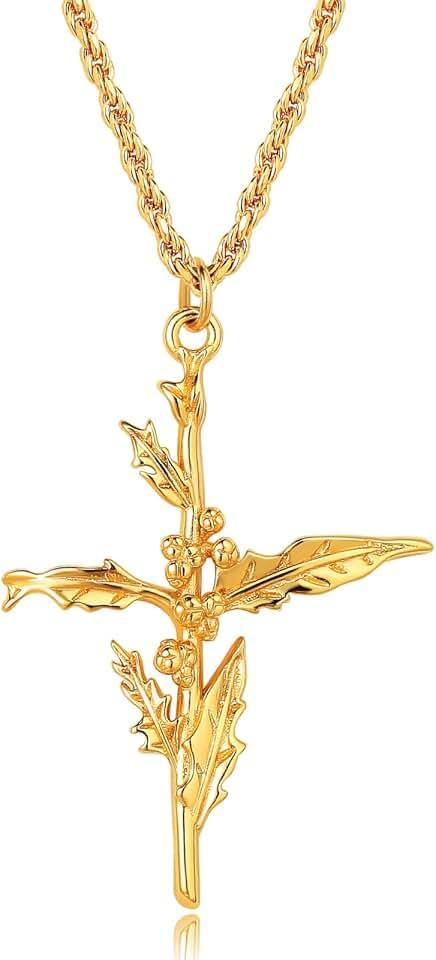 MEVECCO Gold Birth Flower Cross Necklace for Women 12 Month Faith Pendent 18K Gold Plated 2MM Twist