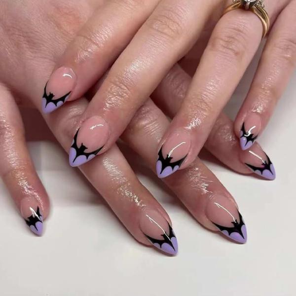 Halloween Fake Nails Almond Press on Nails Medium French Tip Acrylic Nails Purple False Nails Tips