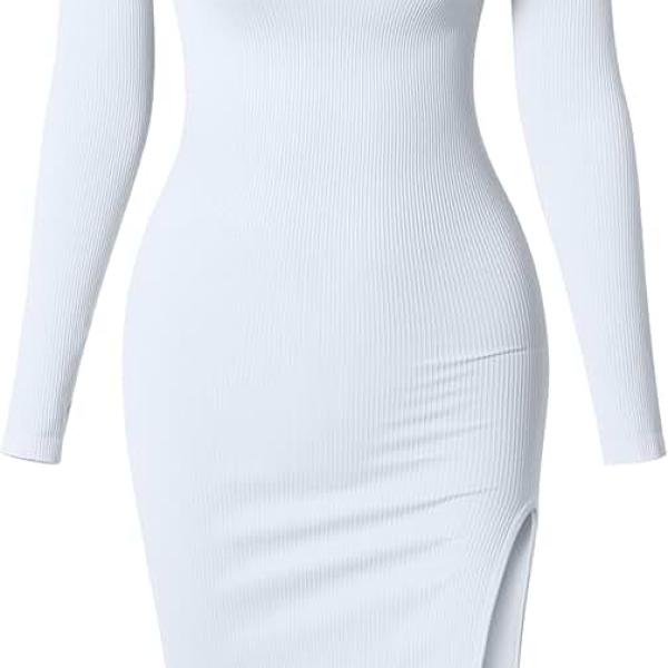 Women's Dresses Long Sleeve Crew Neck Sexy Ribbed Bodycon Split Midi Dress