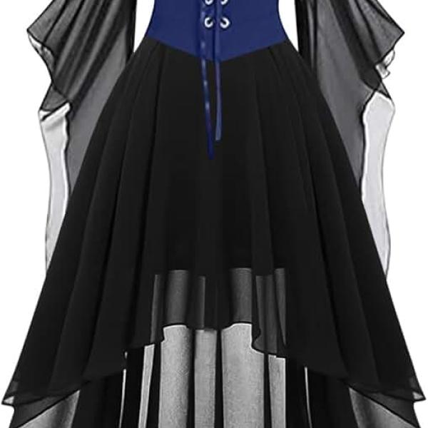 Women Witch Dress Renaissance Medieval Vampire Costume Halloween Cosplay Butterfly Sleeve Mesh