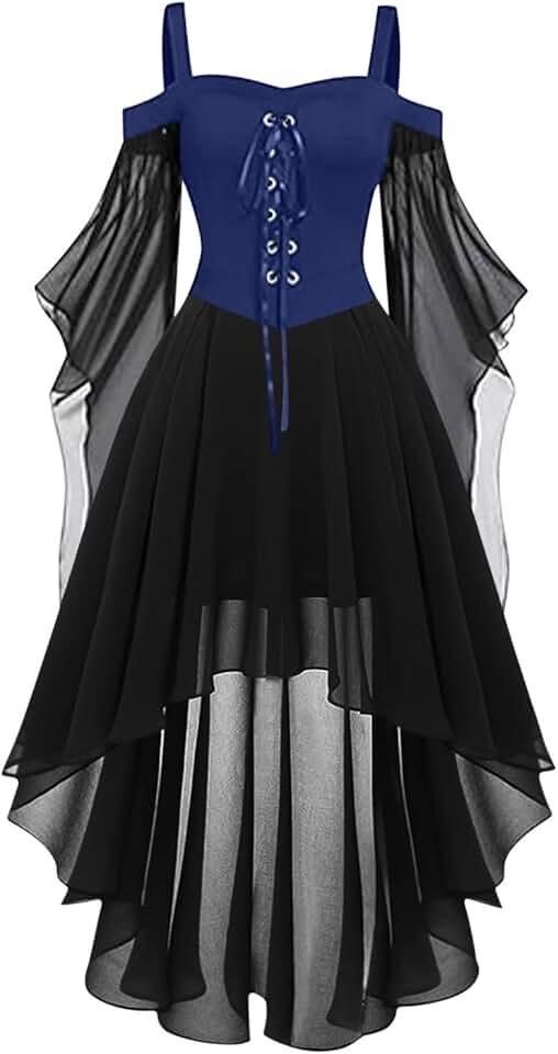 Women Witch Dress Renaissance Medieval Vampire Costume Halloween Cosplay Butterfly Sleeve Mesh