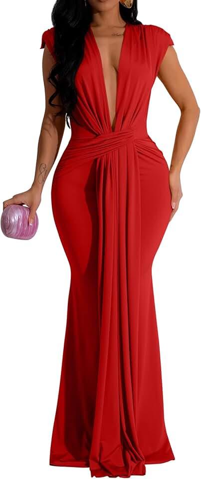 Women's Elegant Sleeveless Deep V Neck Bodycon Party Evening Gown Maxi Dress