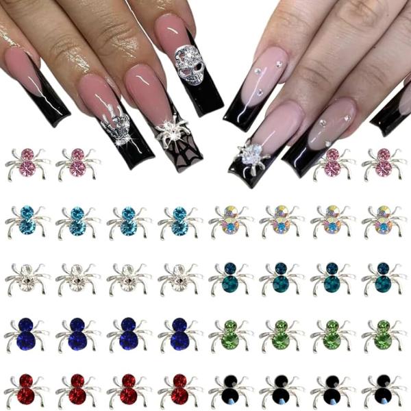 36 Pcs Spider Nail Charms Halloween Decor Silver Rhinestones Nail Charms for Acrylic Nails,Alloy