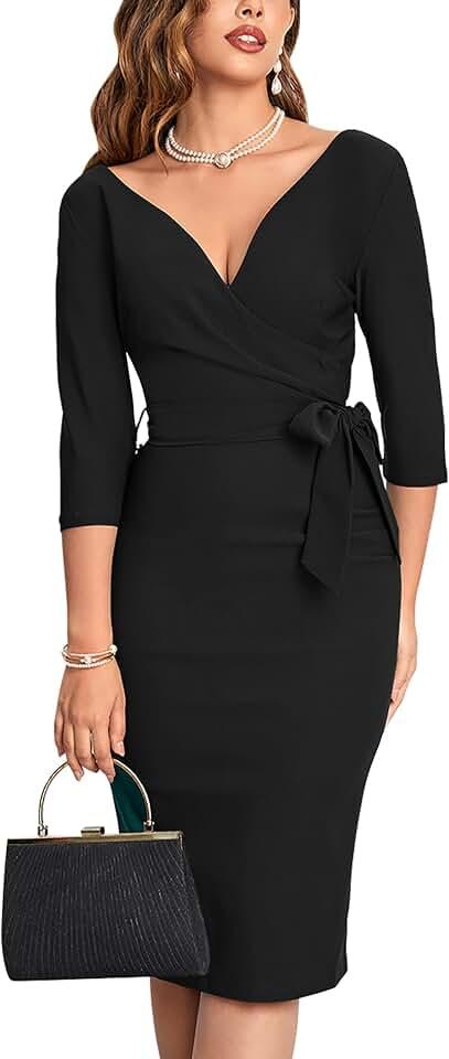 Women's Vintage Faux Wrap V Neck 3/4 Sleeve Formal Classic Party Work Dress with Belt