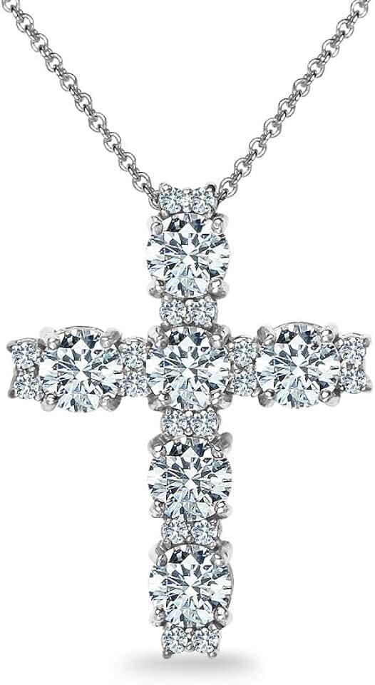 B. BRILLIANT Sterling Silver Round AAA Cubic Zirconia Big Large CZ Cross Necklace for Women with