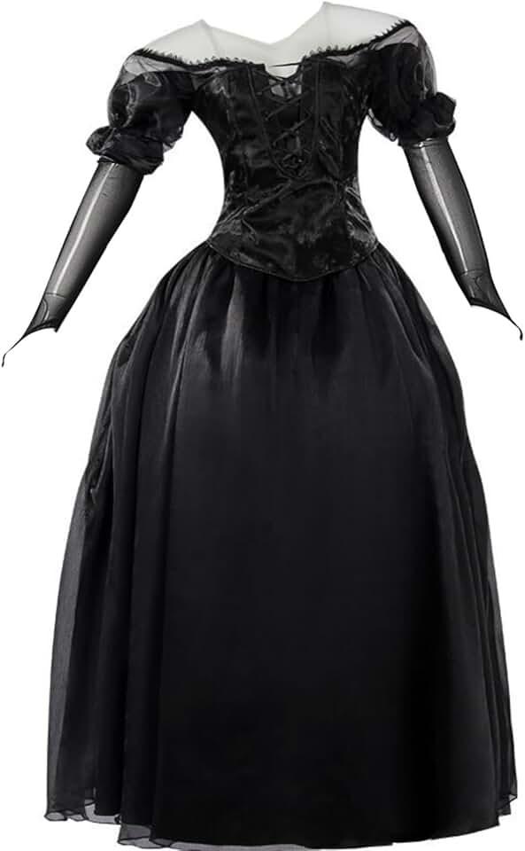 Womens Dolores Costume Black Dress Retro Gothic Raven Long Dress Cosplay 4CPs Outfits for Halloween