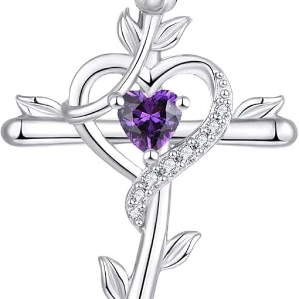 STARCHENIE Rose Cross Necklace 925 Sterling Silver Heart Crucifix Pendant Birthstones Jewelry for