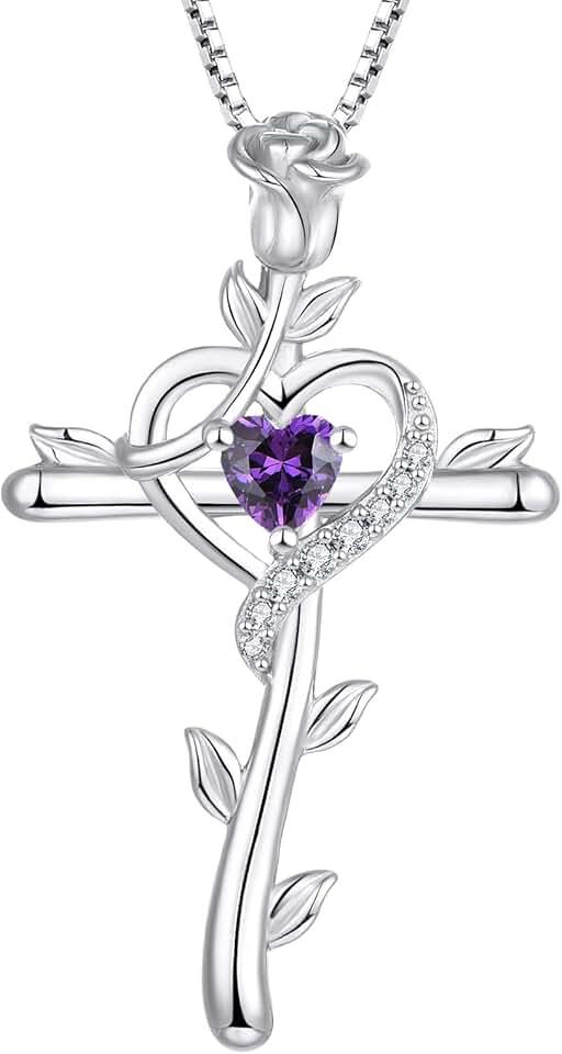 STARCHENIE Rose Cross Necklace 925 Sterling Silver Heart Crucifix Pendant Birthstones Jewelry for