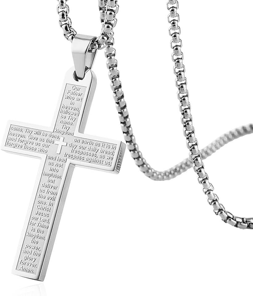 HZMAN Stainless Steel Mens Womens Cross Necklace Lord's Prayer Pendant, 4 Colors Available