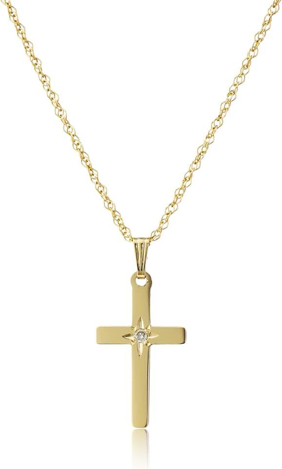 Amazon Essentials womens 14k Yellow Gold Solid Diamond-Accented Cross Pendant Necklace, 18"