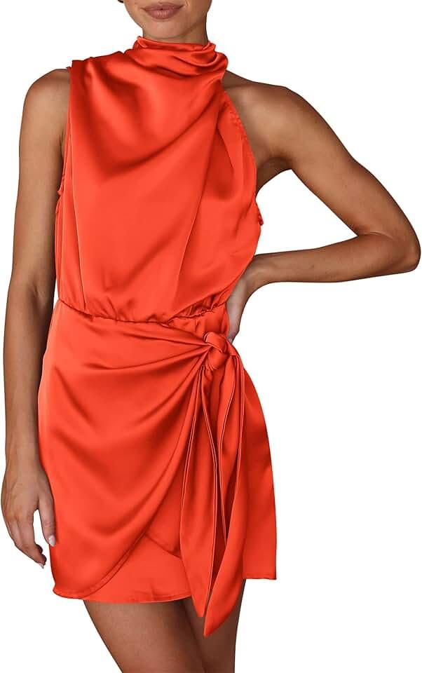 Women's Short Formal Satin Dress Summer Sleeveless Mock Neck Tie Waist Cocktail Party Dresses