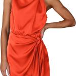 Women's Short Formal Satin Dress Summer Sleeveless Mock Neck Tie Waist Cocktail Party Dresses