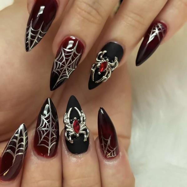 Halloween Press on Nails Medium Almond Fake Nails With Spider Web 3D Spider Charms Designs Black