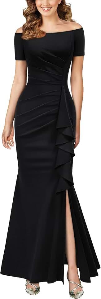 Women's Elegant Off Shoulder Ruffle Formal Evening Long Dress