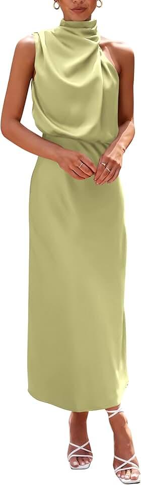 Women's 2024 Summer Satin Dress Elegant Sleeveless Mock Neck Cocktail Party Maxi Dresses