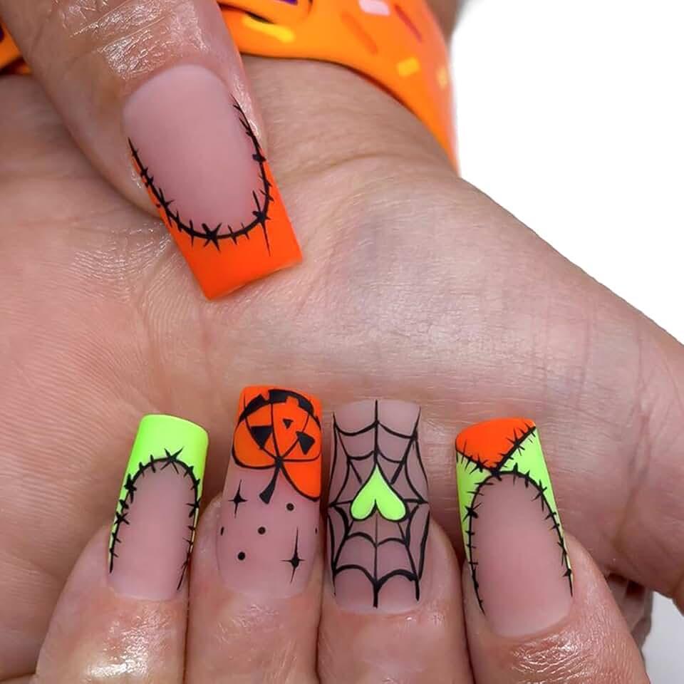 24Pcs Halloween Press on Nails Long French Tip Fake Nails Cute Pumpkin Patch Spider Web False Nails