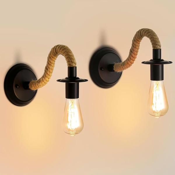 2 Pack Rustic Wall Sconces, Vintage Farmhouse Hemp Rope Wall Light Fixture,Industrial Wall Lamp for