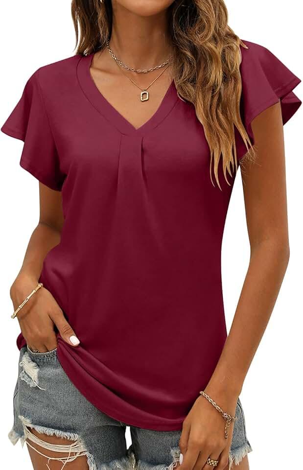 Women's Summer Tops Ruffle Sleeve V Neck Tunic Shirts Business Casual Flowy Blouses for Women