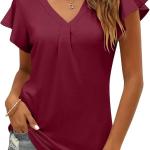 Women's Summer Tops Ruffle Sleeve V Neck Tunic Shirts Business Casual Flowy Blouses for Women