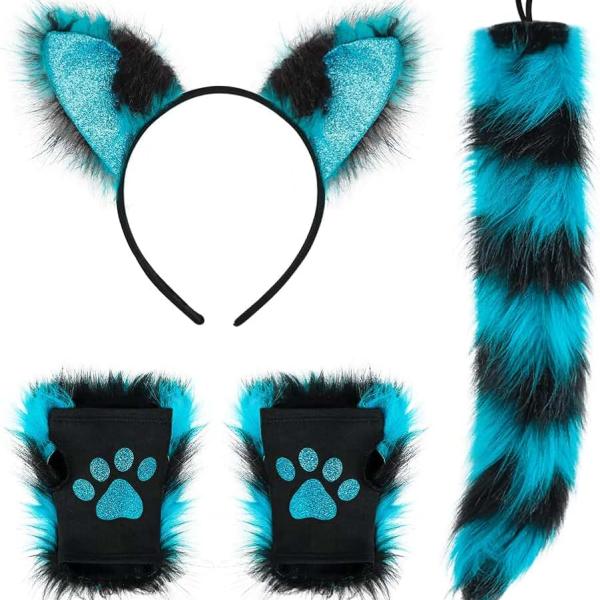 Women Faux Fur Cat Fox Wolf Set Furry Paws Tail Clip Ears Cosplay Costume Headband Set Fingerless