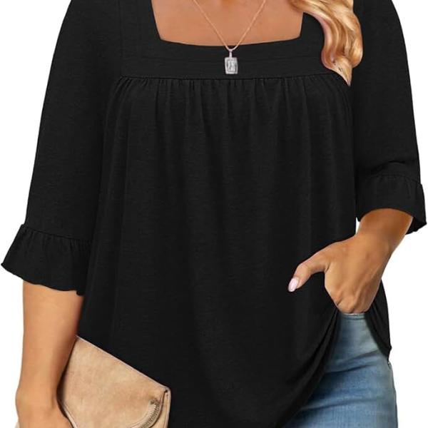 Siddhe Womens Plus Size Tops Loose Fit 3/4 Ruffle Sleeve Blouses Square Neck T Shirt Casual Tunic Tops(1X-5X)