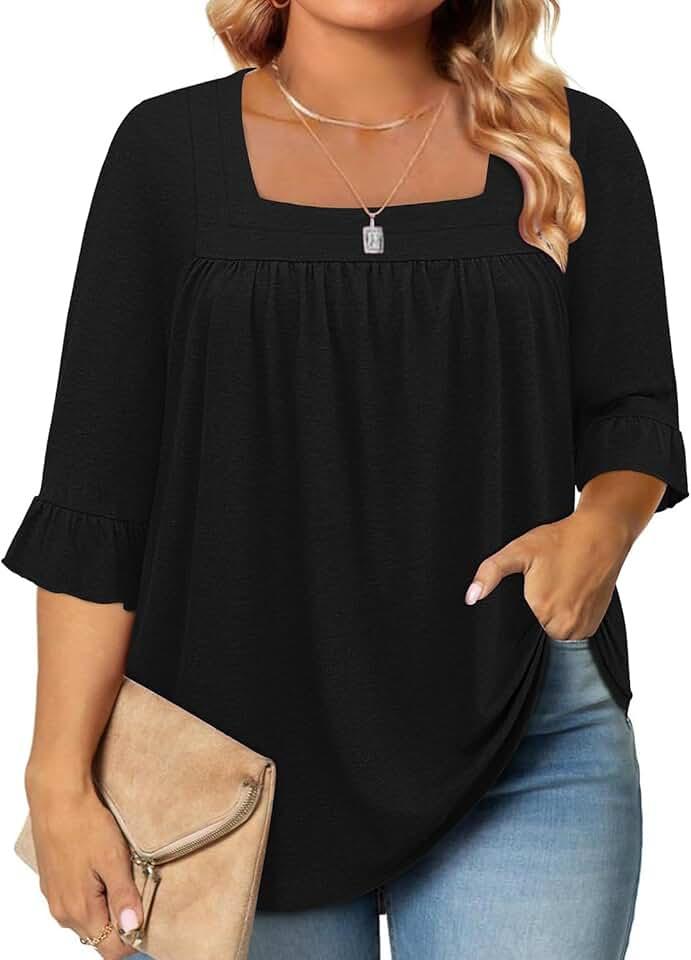 Siddhe Womens Plus Size Tops Loose Fit 3/4 Ruffle Sleeve Blouses Square Neck T Shirt Casual Tunic Tops(1X-5X)