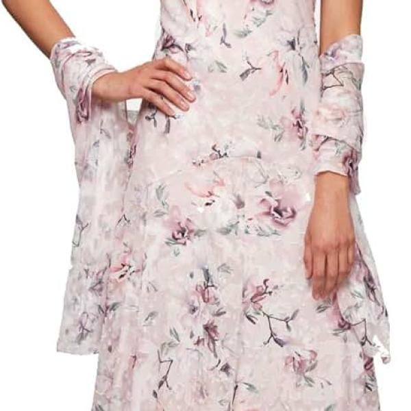 Women's Sleeveless Printed Chiffon Dress with Shawl