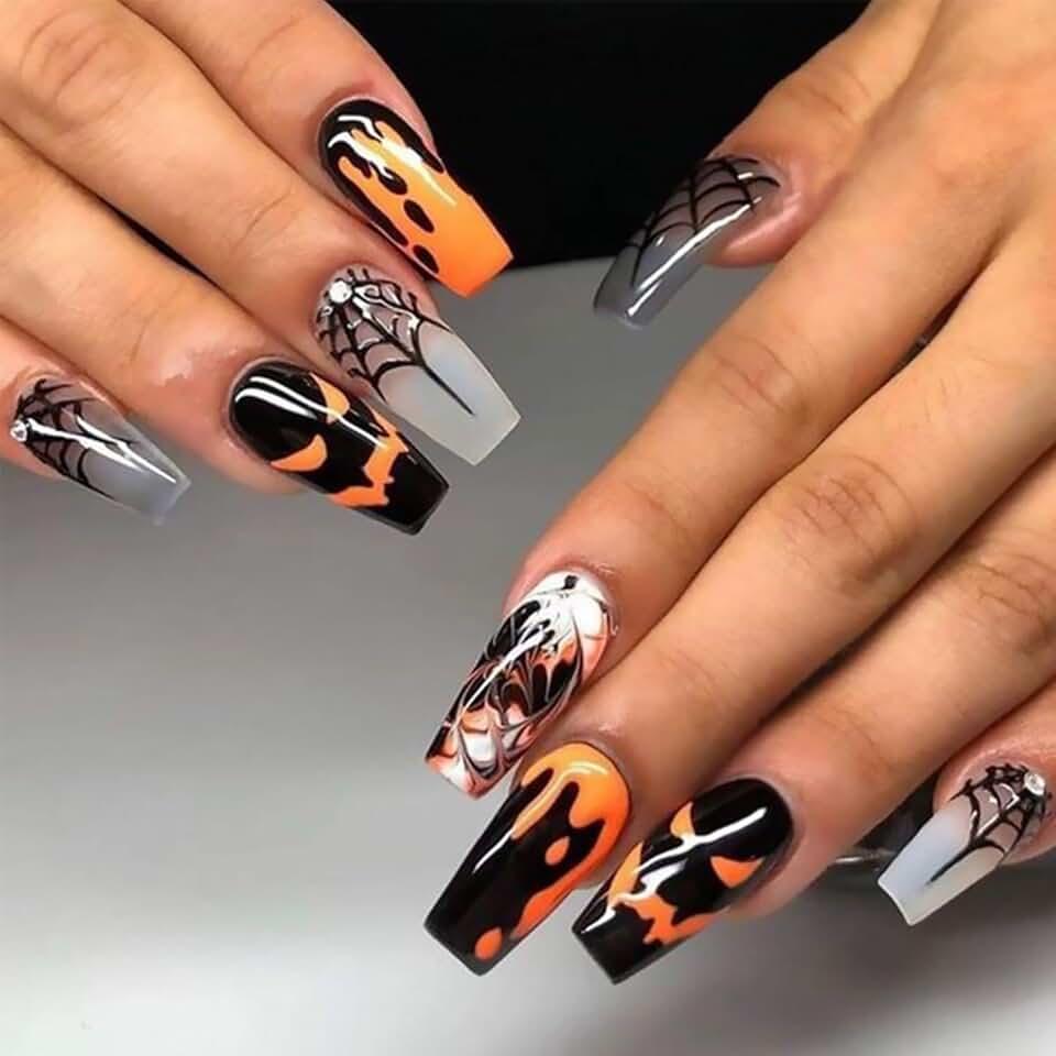 Halloween Press on Nails Medium Coffin Fake Nails With Spider Web Ghost Designs Blood False Nails