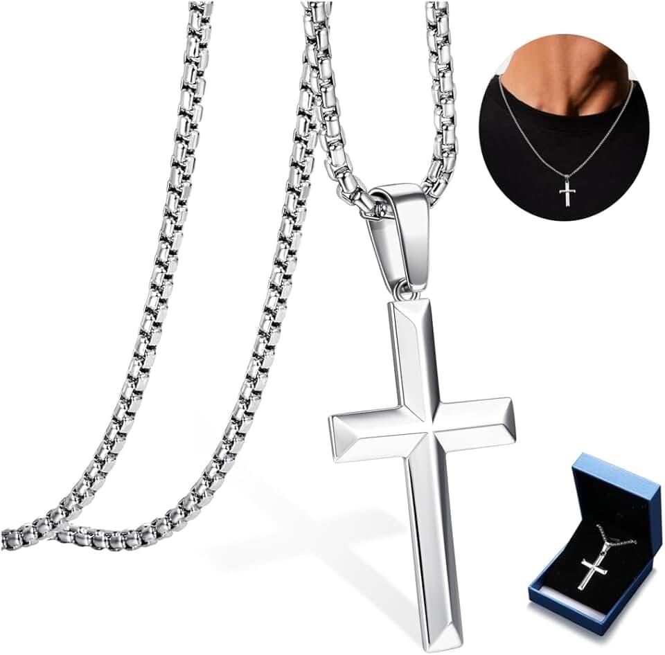 YADOCA 925 Sterling Silver Cross Necklace for Men - 3mm Stainless Steel Box Chain Silver Cross