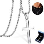 YADOCA 925 Sterling Silver Cross Necklace for Men - 3mm Stainless Steel Box Chain Silver Cross