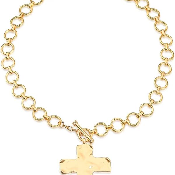 MQV Cross Necklace Chunky Statement Gold Cross Pendant Necklace Hammered Bold Cross Necklace Thick