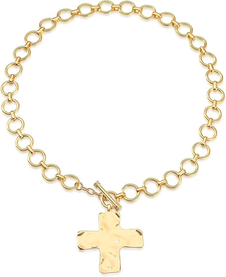 MQV Cross Necklace Chunky Statement Gold Cross Pendant Necklace Hammered Bold Cross Necklace Thick