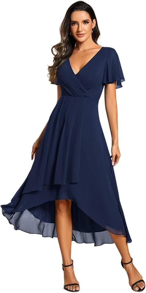 Women's A Line V Neck Ruffle Sleeves Pleated High Low Formal Dresses 02084