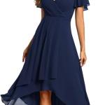 Women's A Line V Neck Ruffle Sleeves Pleated High Low Formal Dresses 02084