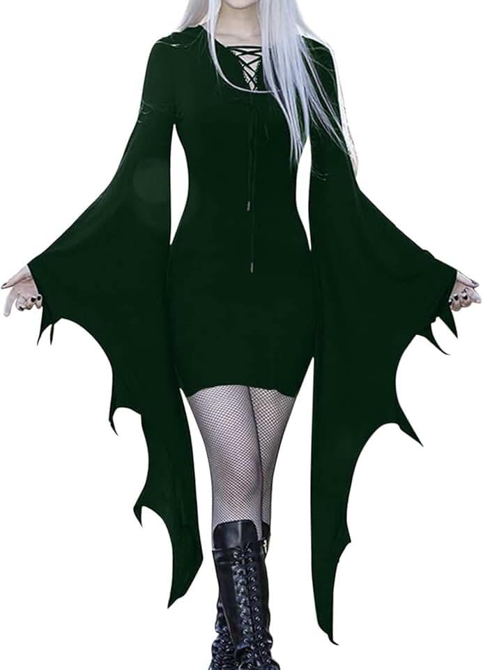 Womens Halloween Costumes Bat Sleeve Dress Vintage Gothic Witch Dresses Cosplay Masquerade Flared