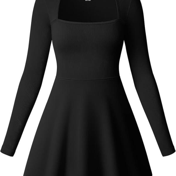 OQQ Women Long Sleeve Dresses Square Neck Casual Party Club A-Line Mini Dress