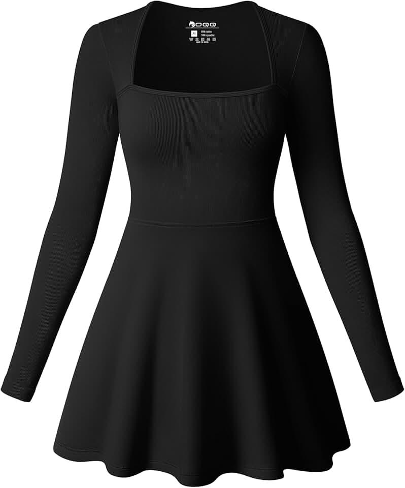 OQQ Women Long Sleeve Dresses Square Neck Casual Party Club A-Line Mini Dress