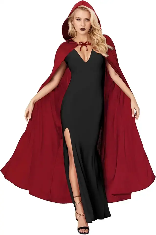 Halloween Costumes Women Red Cape with Hood Full Length One Size Cloak for Cosplay