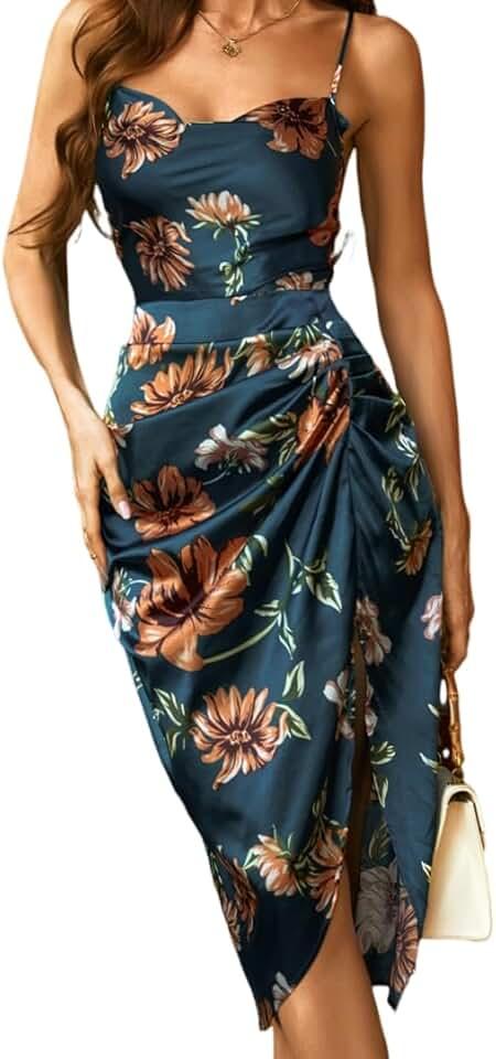 Women's Floral Print Cowl Neck Sleeveless Ruched Split Thigh Satin Cami Summer Dress