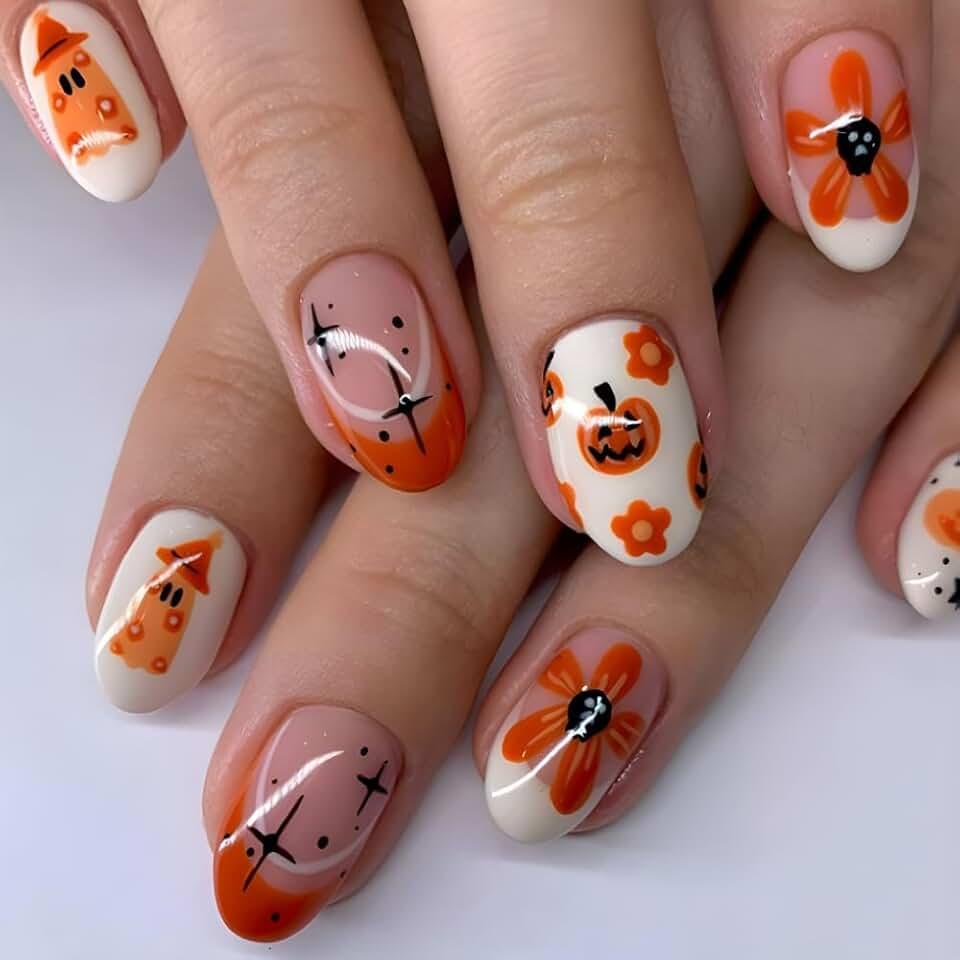 Halloween Nails Press on Halloween Fake Nails with Designs Short Almond Shape Glue on Nails Pumpkin