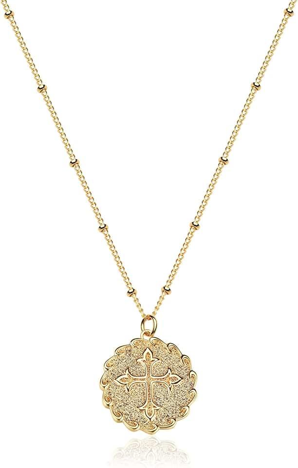 VACRONA Coin Necklace 18k Gold Plated Vintage Textured Medallion Coin Pendant Round Circle Disk