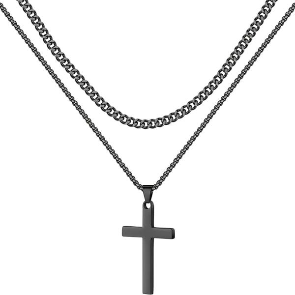 LUXEJEW Stainless Steel Cross Necklaces for Men Cuban Link Chain Box Chain Black Silver Gold