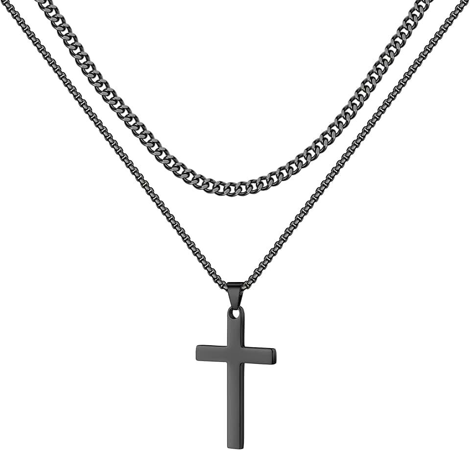 LUXEJEW Stainless Steel Cross Necklaces for Men Cuban Link Chain Box Chain Black Silver Gold