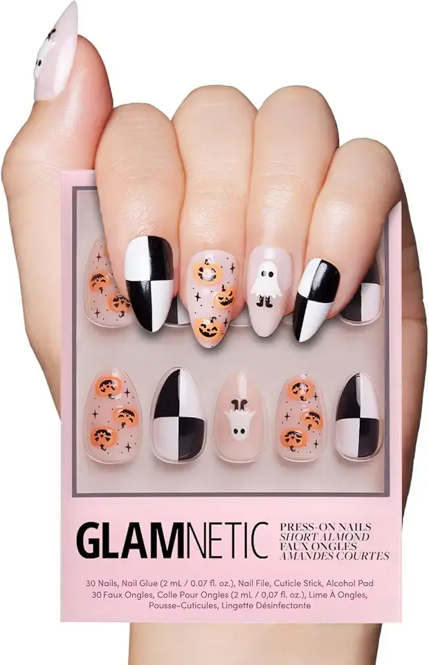 Glamnetic Press On Nails - My Boo | Halloween Graphic Multicolor Pumpkin, Ghost & Checkered Short