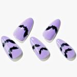 GLAMERMAID Press on Nails Short Almond for Halloween, Gothic Purple Fake Nails Gel with Bat Design