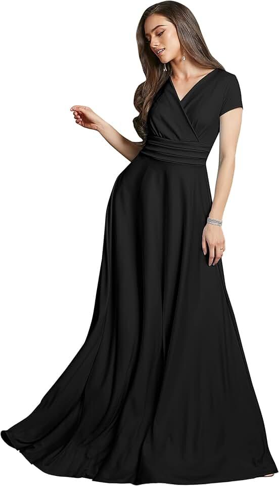 Womens Sexy Cap Short Sleeve V-Neck Flowy Cocktail Gown