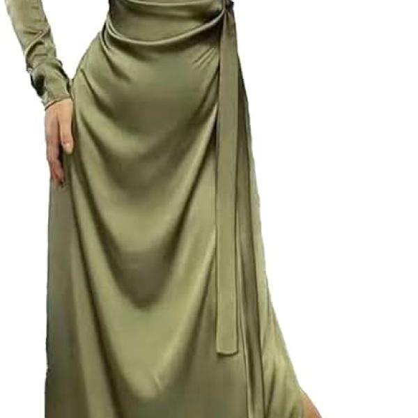 Women's Satin Long Dress Long Sleeve Puff Shoulder Crew Neck Tie Up Waist Ruched High Slit Maxi Slip Dresses