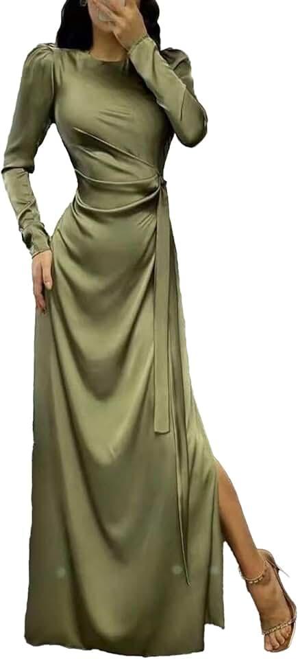 Women's Satin Long Dress Long Sleeve Puff Shoulder Crew Neck Tie Up Waist Ruched High Slit Maxi Slip Dresses