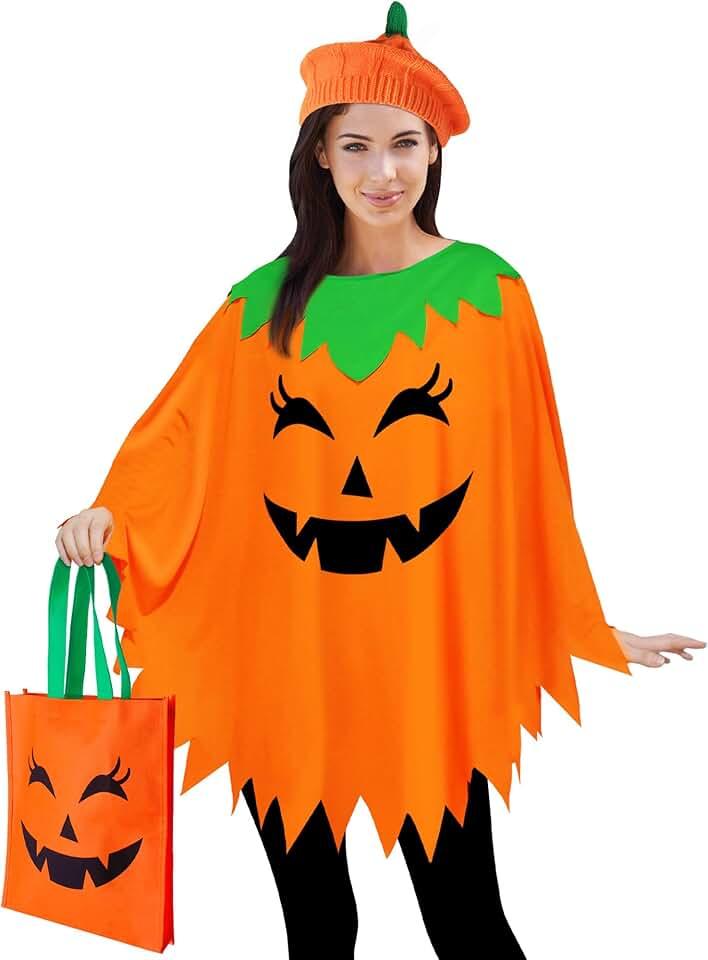 3 PCS Pumpkin Costume for Women Adults,Pumpkin Poncho With Pumpkin Knit Beret and Candy