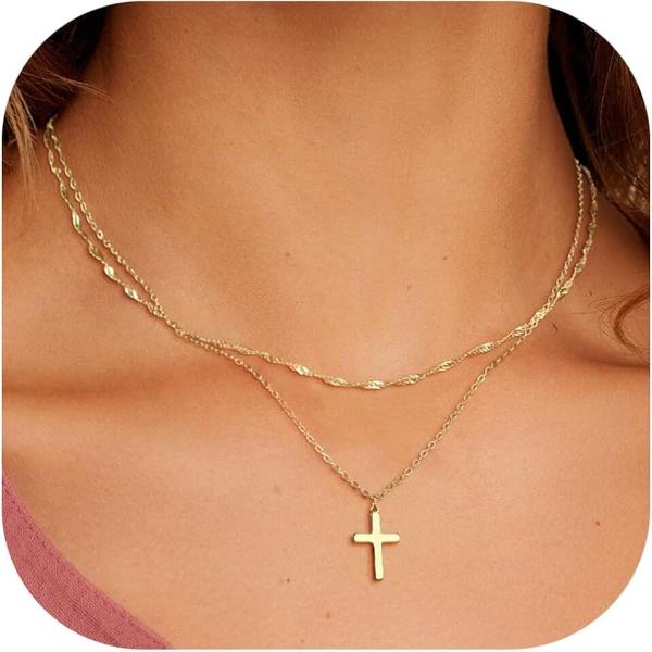 Layered Cross Necklace for Women,14K Gold Plated/Sterling Silver Plated Choker Necklaces for Women